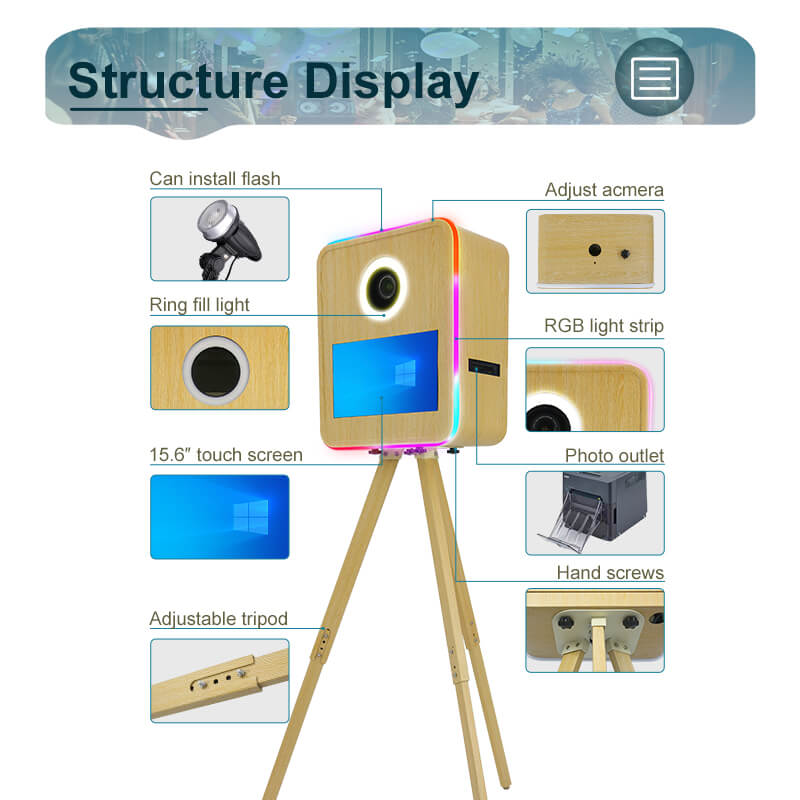 Model 156T PRO: Wood Grain Metal DSLR Photo Booth Shell with Inside Printer Tray and 15.6 Inches Touch  Screen